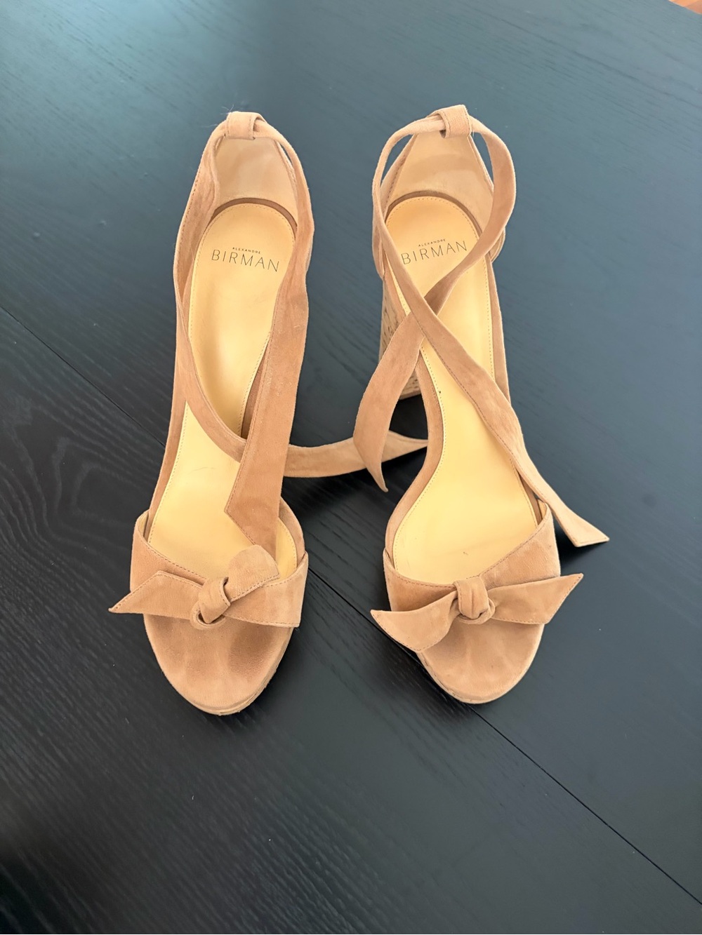 Alexandre Birman Tan Suede Cork Block Heel Sandals 39.5